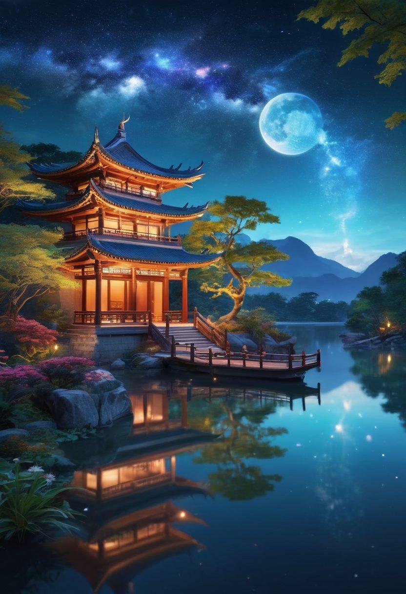 An ethereal night sky filled with vibrant constellations, featuring mythical Asian deities like dragons and phoenixes soaring gracefully among twinkling stars. Below, a serene landscape reflects traditional Asian architecture, surrounded by lush greenery and a tranquil lake. Mystical energy swirls around each guardian, symbolizing protection and spirituality. The composition is enriched with glowing elements to evoke a sense of wonder and serenity. super-realistic. vibrant colors. 3D.