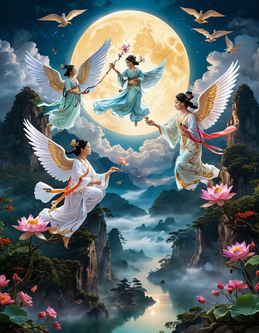 A serene depiction of Asian angels soaring through a celestial landscape, surrounded by clouds and ethereal light, blending elements of different Asian mythologies. Each angel adorned in intricate traditional attire, showcasing vibrant colors and delicate details, holding symbols of spirituality such as lotus flowers and sacred texts. The background features a tranquil mountain range and a softly glowing moon, evoking a sense of peace and divinity. super-realistic. vibrant colors. ethereal ambiance.