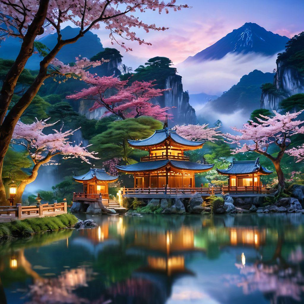 A serene landscape featuring ethereal angelic figures from various Asian cultures, gracefully blending into traditional architecture and lush greenery. The scene should capture the essence of divine beings, with soft glowing lights that illuminate their features, surrounded by symbols of peace and spirituality. Incorporate elements like cherry blossoms, tranquil water, and misty mountains in the background. super-realistic. vibrant colors. mystical atmosphere.